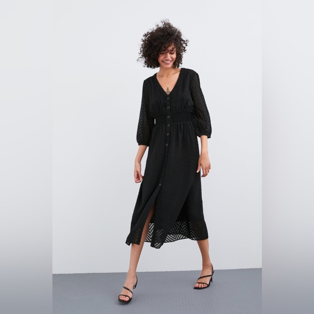 Zara Black V-Neck Sheer Midi Dress